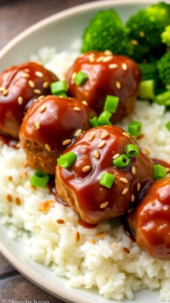 Honey garlic meatballs on a plate with rice and broccoli, garnished with sesame seeds.